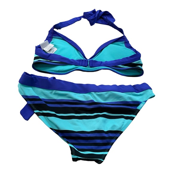 Jag Bikini Set Blue Teal Stripe Halter Tie Side Bottoms 36D/DD Large - Picture 4 of 10